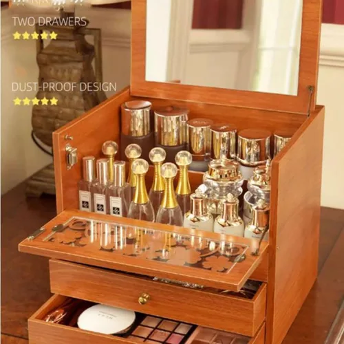 Miniatura 3 de Organizador de maquillaje, organizador de maquillaje de madera retro con espejo y 2 cajones, soporte grande para brochas de cuidado de la piel