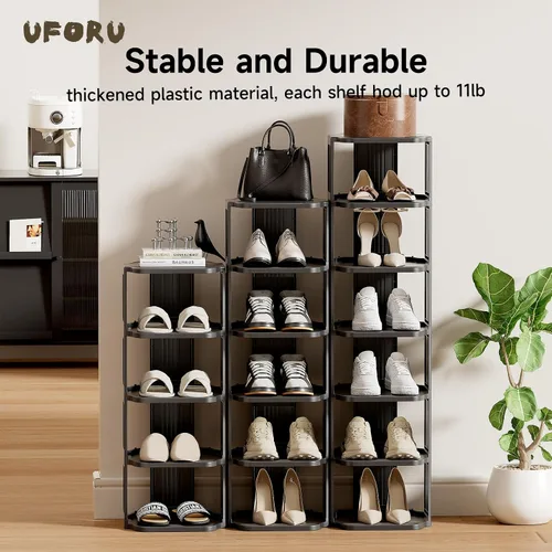 Miniatura 5 de UFORU - Zapatero pequeño, organizador de zapatos vertical de 5 niveles de plástico para espacios pequeños y estrechos, organizador de zapatos Negro