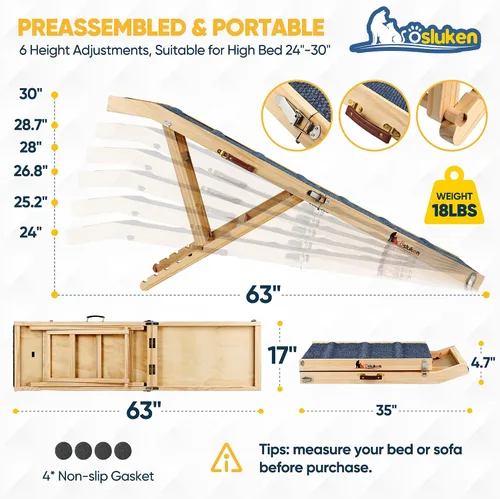 Miniatura 5 de Rampa para perros para cama, rampa plegable L63 W17 para perros pequeños y grandes, gatos, rampas para perros para camas altas de automóvil, alta