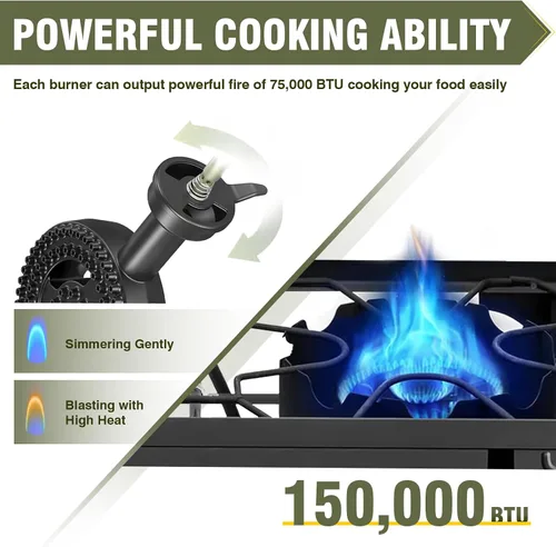 BESTFIRE Estufa de camping de 2 quemadores, propano de alta presión de 150,000 BTU para exteriores, manguera de regulador ajustable de 20 PSI de 4