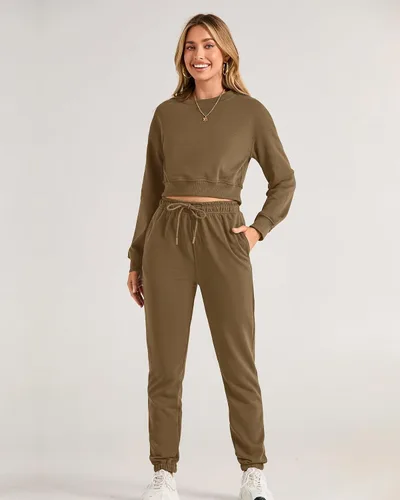 Miniatura 26 de BTFBM Conjunto deportivo de 2 piezas para mujer, camiseta corta de manga larga, sin botones, pantalón con cordón ajustable, pantalones deportivos