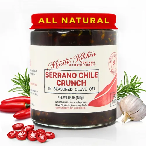 Pimienta serrana picante Chile Crunch Crisp de 6 onzas, salsa picante de aceite de chile totalmente natural con aceite de oliva, ajo y romero,