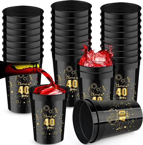 Mototo 30 tazas pequeñas de cumpleaños de 8 onzas con texto en inglés «Cheer to 40 años», vasos de plástico para estadios de cumpleaños, color negro