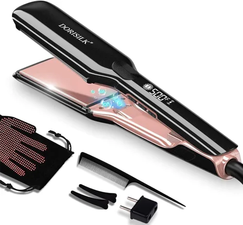 DORISILK Alisador de pelo profesional de alta temperatura de 500 grados, plancha plana ancha de cerámica, alisador y rizador de pelo 2 en 1, plancha
