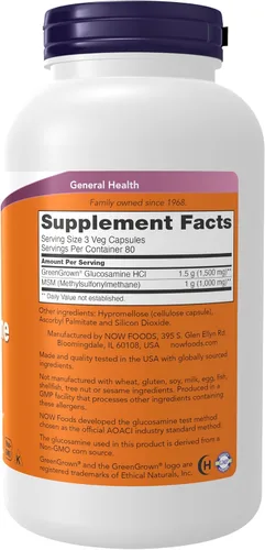 Miniatura 2 de NOW Foods Suplementos, Glucosamina y MSM (GreenGrown® Glucosamina), Vegetarianos, 120 Cápsulas Vegetarianas