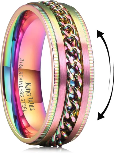 Miniatura 76 de King Will - Anillo antiestrés de acero inoxidable 316L para hombres y mujeres, con cadena decorativa giratoria, 8 mm de ancho, anillo de boda