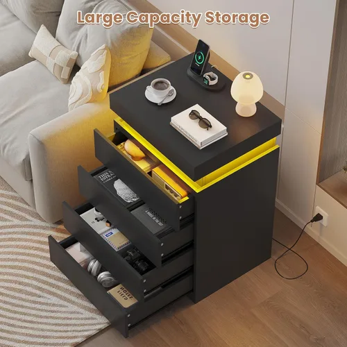 Miniatura 5 de ADORNEVE - Mesita de noche negra con cajones y luces LED, mesita alta con parte superior deslizable, mesa de cabecera con estación de carga, mesa