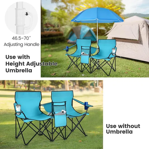Miniatura 5 de Tangkula Sillas de campamento dobles con paraguas, silla de campamento plegable portátil de 2 asientos con bolsa enfriadora, soporte para bebidas