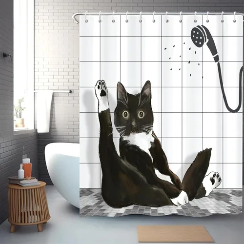 Miniatura 3 de Cortina de ducha de gato negro, divertido gatito lindo a cuadros, lavable a máquina, impermeable, tela duradera para decoración de baño, bañera
