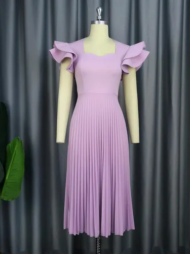 Miniatura 4 de AOMEI Vestido midi elegante plisado con cuello cuadrado y mangas con volantes para mujer