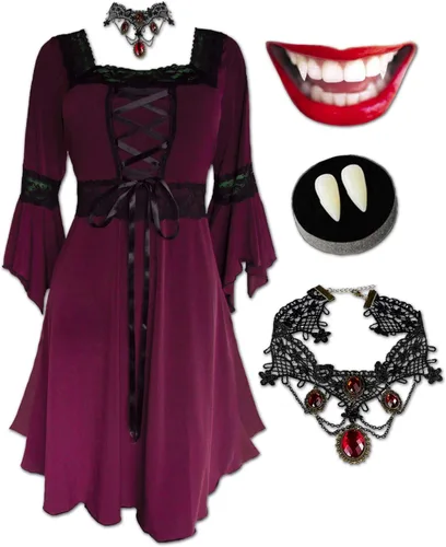 Dare to Wear Disfraz de vampiro eterno: colmillos, gargantilla de rubí sintético y vestido renacentista gótico atemporal para mujer victoriana