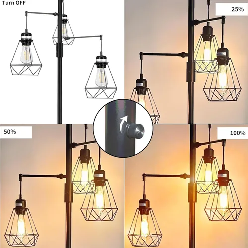 Miniatura 5 de NUNET Lámpara de pie industrial bohemia de granja con atenuación continua y 3 pantallas de jaula ajustables, luz de pie rústica vintage alta