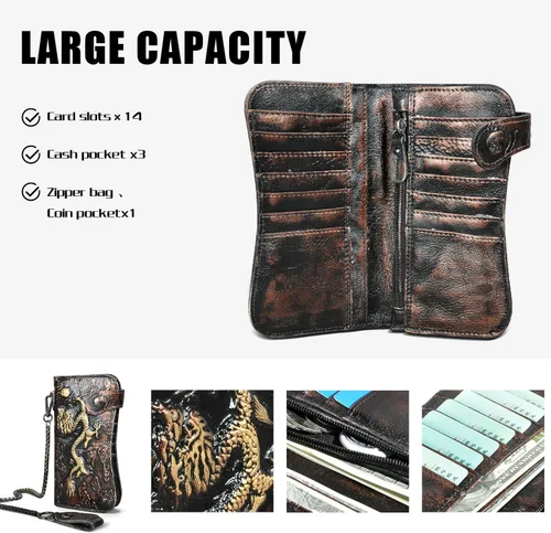 Miniatura 4 de Handadsume Genuino caballo loco cuero viaje regalo moneda bolsillo tarjeta caso largo organizador cadena Rfid monedero con broche para hombres