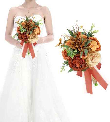 Miniatura 11 de Juego de 4 ramos para dama de honor para boda - Ramos de flores artificiales de 7 pulgadas para decoración de centros de mesa de ceremonia y Azul