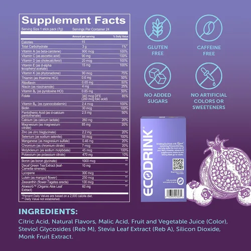 Miniatura 2 de Mezcla multivitamínica completa para bebidas ECODRINK sabor a arándanos y granada, paquete con 30 sobres (no incluye botella)