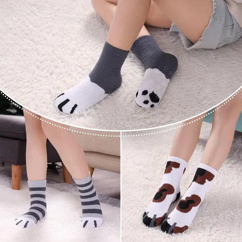 Miniatura 2 de LINEMIN Calcetines peludos para niños y niñas con agarres, antideslizantes, calcetines acogedores y esponjosos para invierno, calcetines cálidos
