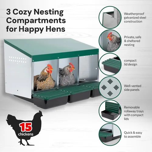 Miniatura 2 de Homestead Essentials Caja anidable de 3 compartimentos de estilo compacto, despliegue hacia adelante y Rollaway, gallina y pollo con tapas