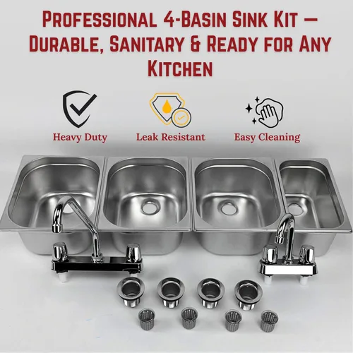 Miniatura 6 de 3 grandes + 1 pequeño lavado a mano, fregadero de acero inoxidable con 4 compartimentos Portable 3 Large + 1 Small sink with Dual faucet, bar