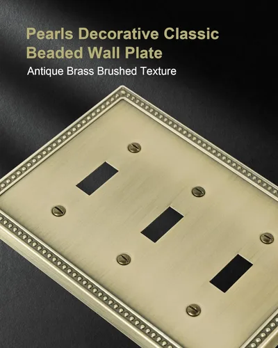 Miniatura 3 de Paquete de 2 placas de triple interruptor de luz de palanca, cubiertas decorativas de perlas, placa de pared de metal de 3 segmentos de latón Latón