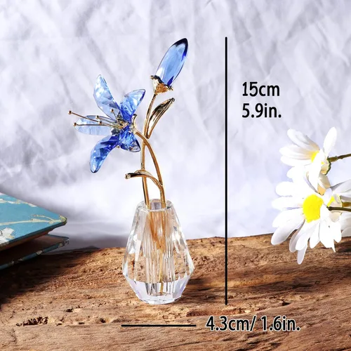 Miniatura 4 de Ornalrist Flores de lirio de tigre de cristal con jarrón, tallo de metal, flor de lirio azul, regalos coleccionables para mujeres, figuras florales