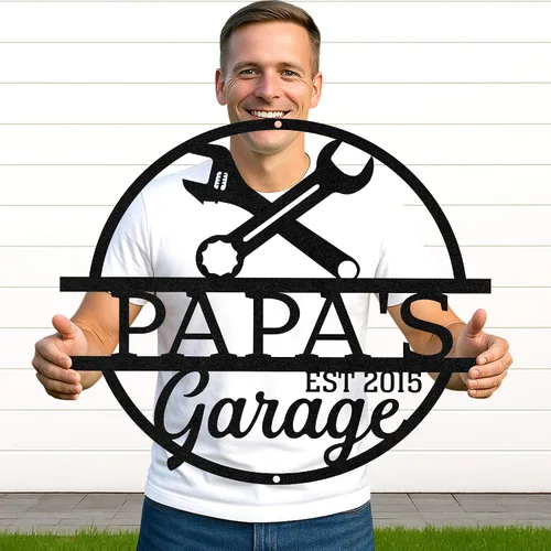 Miniatura 33 de Letrero de metal personalizado para garaje, arte de pared personalizado para hombres, decoración de taller mecánico con nombre, decoración