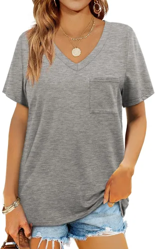 Miniatura 18 de Geifa Camisetas de manga corta con cuello en V para mujer, camisetas casuales de verano con bolsillo