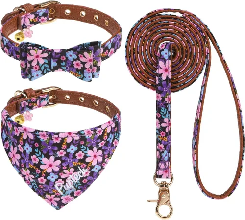 Miniatura 8 de PUPTECK Juego de collar y bandana para perro, paquete de 3 pinzas ajustables para el pelo de mascotas con pajarita y campanas, piel sintética suave