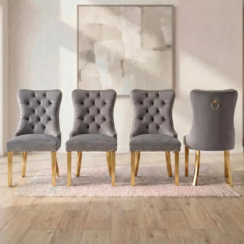 Miniatura 128 de OVENTA Juego de 6 sillas de comedor modernas tapizadas copetudas, sillas de comedor de terciopelo beige cálido con patas de madera maciza, sillas