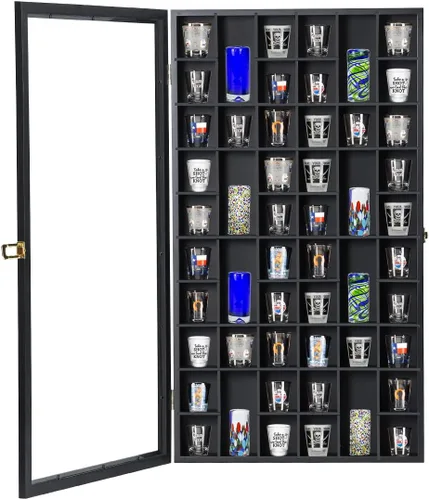 Miniatura 10 de Vitrina para Vasos de Chupito, Gabinete Grande de Madera, Soporte Montado en Pared, Caja de Sombra de Caoba con Cerradura y Protección UV, Puerta