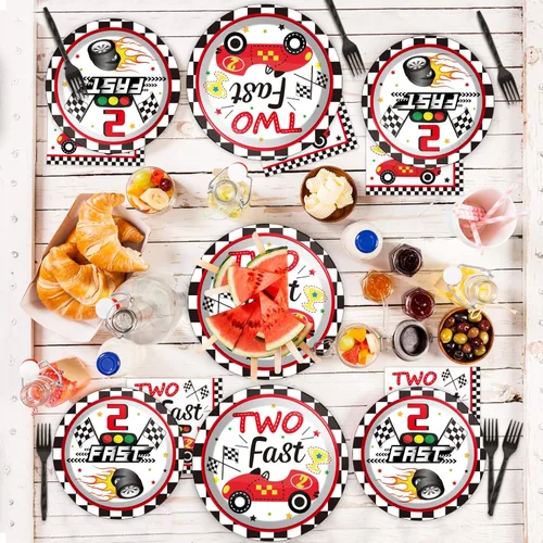 Miniatura 7 de 96 piezas de platos y servilletas Two Fast, decoraciones para fiestas de autos de carreras Racing 2 Fast, juego de platos y servilletas