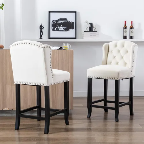 Miniatura 6 de LukeAlon Juego de 2 taburetes de bar clásicos de terciopelo de 30 pulgadas, sillas de bar altas con respaldo de alas con botones y patas de madera