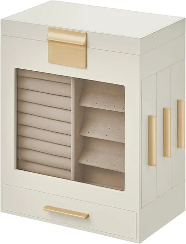 Miniatura 8 de SONGMICS Joyero con ventana de cristal, organizador de joyas de 5 capas con 3 cajones laterales, almacenamiento de joyas, con espejo grande