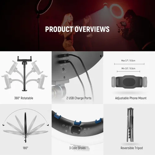 Miniatura 7 de NEEWER Anillo de luz LED RGB de 19 pulgadas con soporte, 3 soportes para teléfono, panel táctil, control de 2.4G/aplicación, 42W CRI97+ 2800lux/1.6