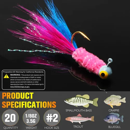 Miniatura 6 de Dovesun Jigs de Crappie, cabezas de jig con plumas atadas a mano Jigs de Marabou Ice Señuelos de pesca con mosca 10 colores 1/32 oz 1/16 oz 1/8 oz