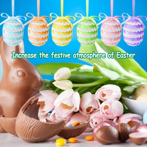 Miniatura 5 de 30 huevos de lentejuelas colgantes de Pascua, adornos de huevos de Pascua de 1.6 pulgadas con lazo, adornos de árbol de huevo colgantes de primavera