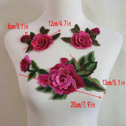 Miniatura 3 de 4 piezas de bordado de flores rosas para coser en parche vestido sombrero bolsa jeans apliques manualidades accesorios de ropa DIY (rojo rosa)