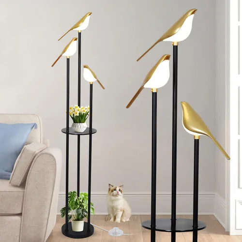 Miniatura 10 de Lámparas de pie doradas para sala de estar, lámpara de pie moderna con estantes, lámpara de pie de mediados de siglo con 3 luces LED de pájaro