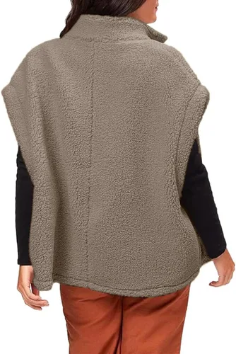 Miniatura 48 de Hongqizo - Chaleco de forro polar mullido para mujer, casual, de gran tamaño, cálido, con botones, chaqueta de sherpa con bolsillos