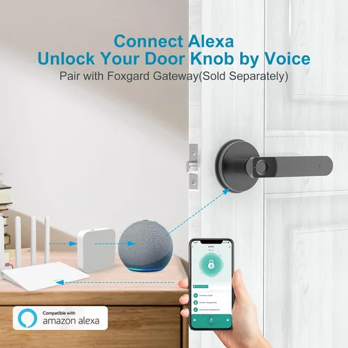 Miniatura 4 de Foxgard - Cerradura de puerta biométrica con perilla inteligente de huellas dactilares, control remoto con aplicación, cerradura de puerta Negro