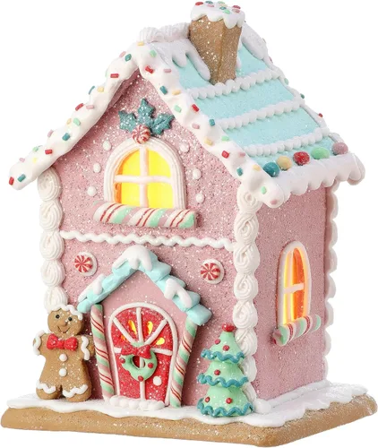 One Holiday Way Casa de Jengibre Falsa de Caramelo Rosa Pastel con Luz LED de 8.5 Pulgadas con Temporizador, Acentos de Menta Piperita – Decoración