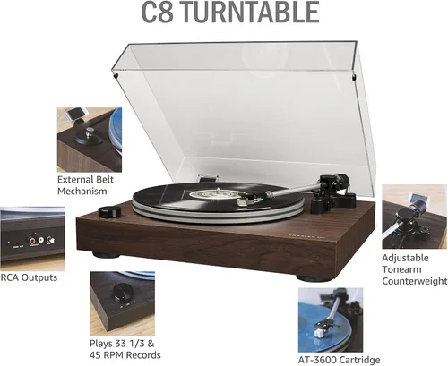 Miniatura 2 de Crosley C8A-WA Tocadiscos accionado por correa con preamplificador integrado, brazo ajustable, cartucho AT3600L y zócalo de MDF de grado audio, nogal