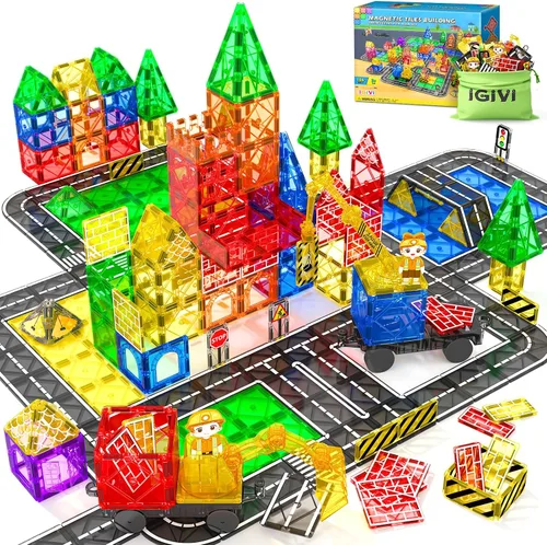 Miniatura 8 de Juego de 112 piezas de azulejos magnéticos para carretera con colores vibrantes y fuerza ultra magnética, bloques de construcción de carreteras