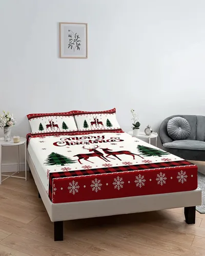 Miniatura 6 de Sábanas bajeras de tamaño individual con diseño de reno de Navidad, con bolsillo profundo de hasta 16 pulgadas, diseño de copo de nieve blanco
