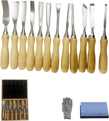 Miniatura 7 de DEEG Juego de herramientas de cincel de madera de 12 piezas, kit de cincel de tallado de carpintería con estuche de madera prémium para carpintero