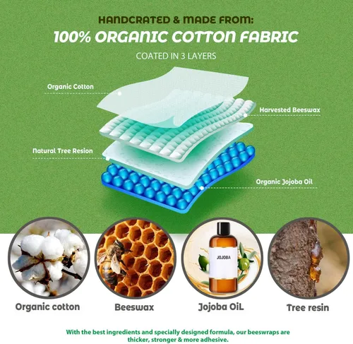 Miniatura 3 de Zelten Envolturas reutilizables de cera de abejas (3 paquetes, 3 tamaños S, M, L) sin plástico y silicona, envoltura ecológica, papel de cera