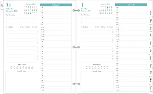 Recambio de planificador 2026: una página por día, 3 agujeros, diario y mensual, de enero de 2026 a diciembre de 2026, priorizada, lista de tareas,