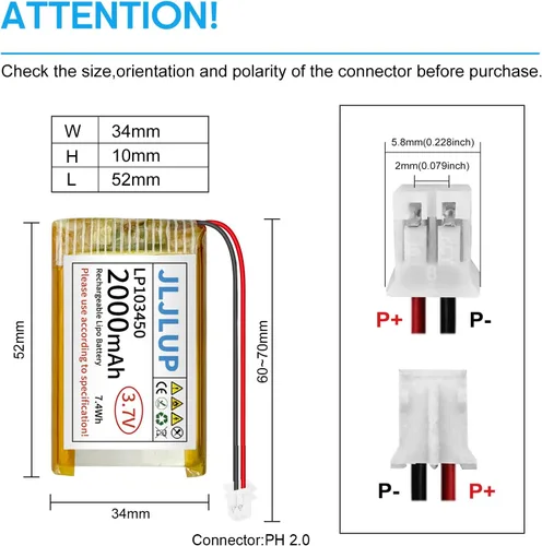 Miniatura 3 de Paquete de 2 baterías Lipo de 3.7 V 2000 mAh recargables de polímero de litio con conector PH de 0.079 in Circuito de protección integrado