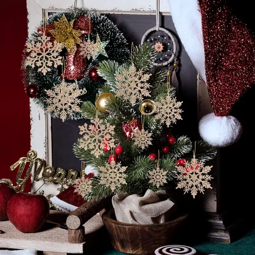 Miniatura 7 de Paquete de 36 adornos de plástico en champán dorado de copos de nieve, decoraciones colgantes de copo de nieve para el árbol de Navidad de invierno