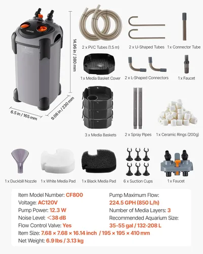 Miniatura 7 de VEVOR Filtro de recipiente de 224.5 GPH, filtro externo de acuario de 3 etapas con potente bomba, máquina de limpieza de circulación de agua