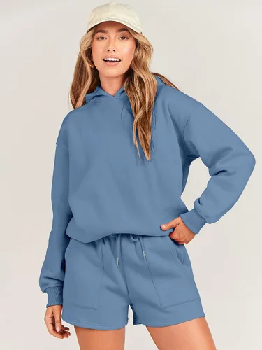 Miniatura 2 de ANRABESS Conjunto de 2 piezas para mujer, sudadera con capucha de gran tamaño, pantalones cortos, sudadera para descansar, ropa deportiva de moda